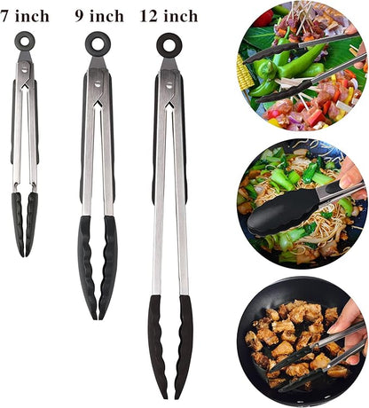 Hot Target Non-Stick Kitchen Tongs for Cooking - Set of 3: 7, 9, 12-Inch Cooking Tongs w/Rubber/Silicone Tips | Stainless Steel Tong, Metal | Salad Tongs, Pasta, Food Serving, Grill Tongs, Bbq