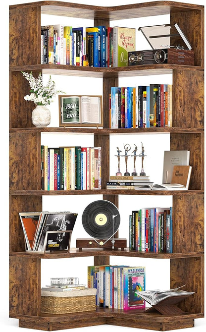 Armocity Corner Book Shelf - 6 Tier Corner Bookshelf Etagere Bookcase with Baffle, Freestanding L Shaped Display Shelf Stand for Home Office, Living Room, Bedroom, Kitchen, Rustic Brown