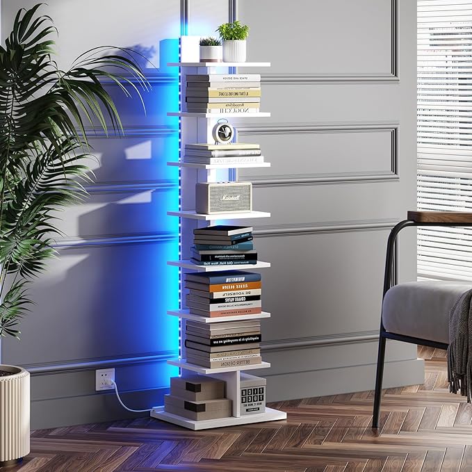 TUTOTAK Narrow Bookshelf, 8-Tier Bookcase with LED Lights, Spine Book Shelf for Small Space, Corner Standing Shelf for Living Room, Office, Study, Entryway, White BS06BW008L