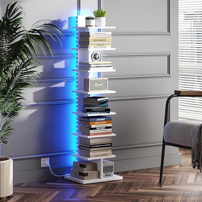 TUTOTAK Narrow Bookshelf, 8-Tier Bookcase with LED Lights, Spine Book Shelf for Small Space, Corner Standing Shelf for Living Room, Office, Study, Entryway, White BS06BW008L