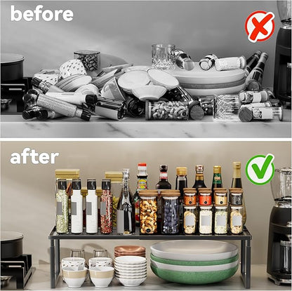 Shelf Organizer Stackable 1 Pack: Expandable (15.8"-25.5") Spice Rack Height Adjustable(6.2"/7.3"/8.5") Kitchen Organizer Countertop Metal Shelves for Pantry Storage Black
