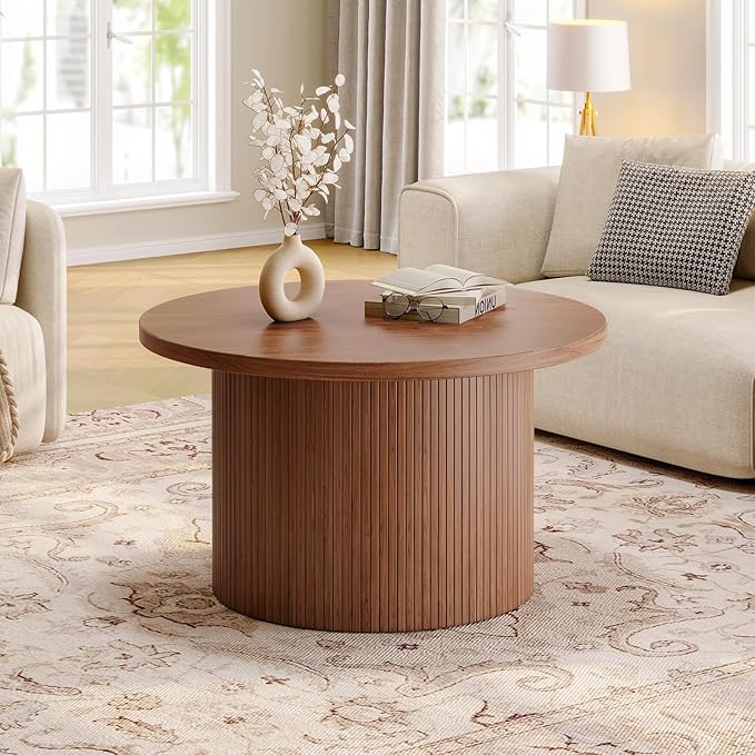ONBRILL 31.5" Round Coffee Table, Tambour Design Coffee Tables for Living Room, Mid Century Modern Wood Coffee Table, Drum Accent Small Center Table, Walnut