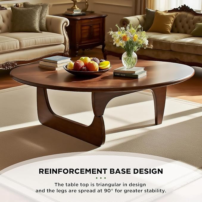 Solid Wood Triangle Coffee Table,Unique Mid Century Modern Oval Coffee Table,Irregular Geometric Tea Tables for Home Living Room with Wooden Tabletop and Reinforced Legs Walnut 35" L x 24" W x 16" H