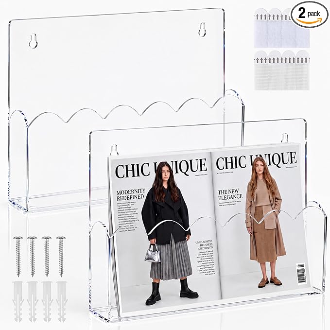 2 Pack Scalloped Acrylic File Holder Wall Mount Self Adhesive, 13 x 9.5 Inch Brochure Holder for A4 Pocket Storage Letter Folders Magazine Mail Organizer Literature Display