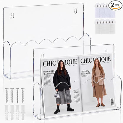 2 Pack Scalloped Acrylic File Holder Wall Mount Self Adhesive, 13 x 9.5 Inch Brochure Holder for A4 Pocket Storage Letter Folders Magazine Mail Organizer Literature Display
