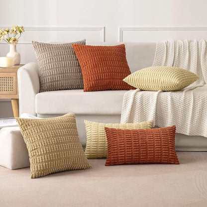 MIULEE Pack of 2 Corduroy Decorative Throw Pillow Covers 18x18 Inch Soft Boho Striped Pillow Covers Modern Farmhouse Home Decor for Sofa Living Room Couch Bed Khaki