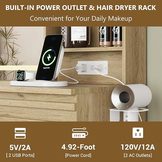 Makeup Vanity Desk with Lights, Fluted Vanity with 4 Drawers, Open Shelves, Power Outlet, LED Lighted Mirror, 3 Lighting Modes & Brightness Adjustable, Wood Dressing Table for Bedroom, Natural Oak