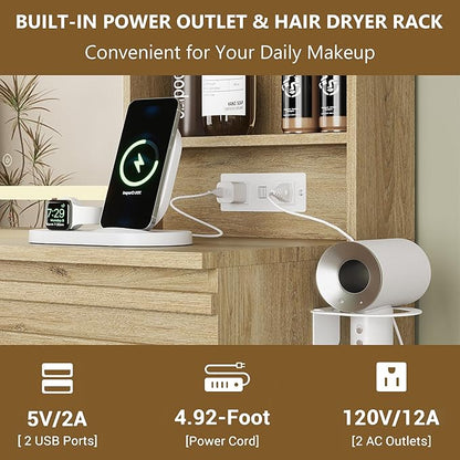 Makeup Vanity Desk with Lights, Fluted Vanity with 4 Drawers, Open Shelves, Power Outlet, LED Lighted Mirror, 3 Lighting Modes & Brightness Adjustable, Wood Dressing Table for Bedroom, Natural Oak
