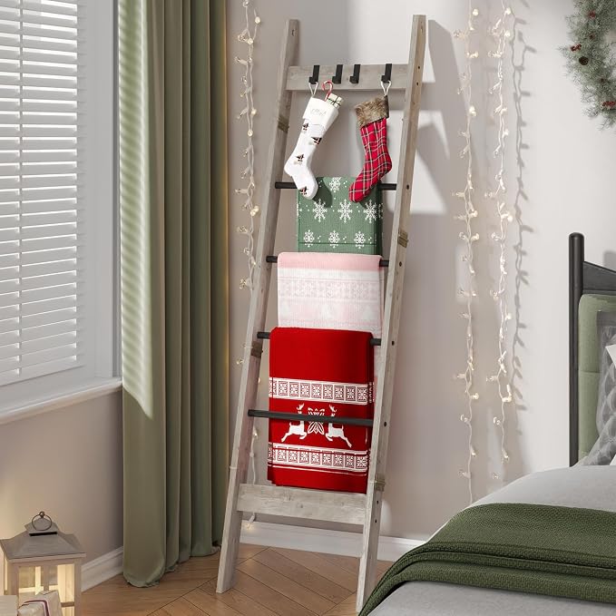 Hzuaneri Blanket Ladder for Living Room, Decorative Quilt Rack with 4 Removable Hooks, 6-Tier Farmhouse Ladder Holder Shelf Organizer for Bedroom, Greige and Black BR31505B