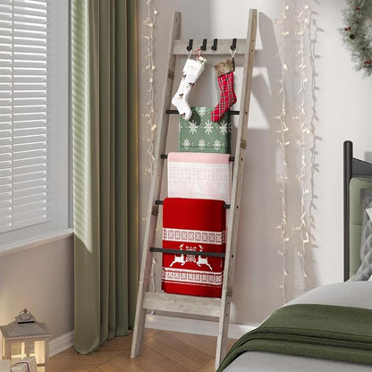 Hzuaneri Blanket Ladder for Living Room, Decorative Quilt Rack with 4 Removable Hooks, 6-Tier Farmhouse Ladder Holder Shelf Organizer for Bedroom, Greige and Black BR31505B