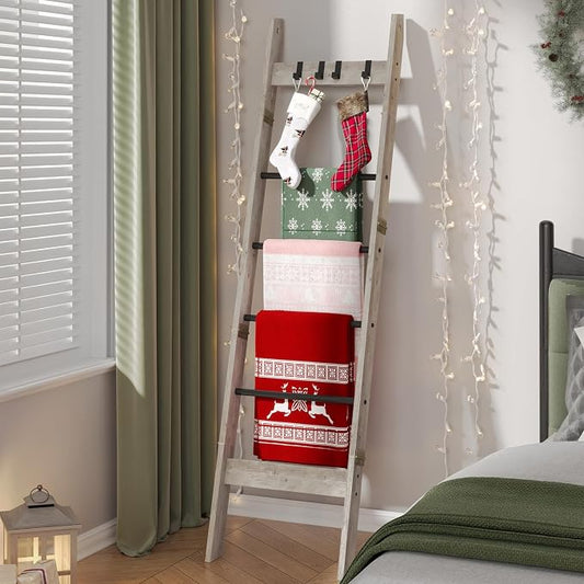 Hzuaneri Blanket Ladder for Living Room, Decorative Quilt Rack with 4 Removable Hooks, 6-Tier Farmhouse Ladder Holder Shelf Organizer for Bedroom, Greige and Black BR31505B