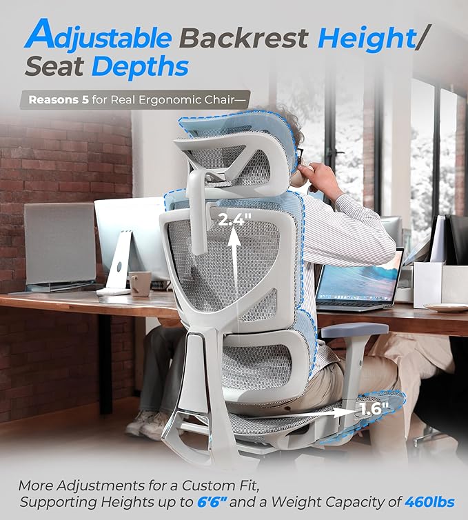 CabBase C1 Pro Ergonomic Mesh Office Chair - 6‘6“ Big & Tall Home Office Desk Chairs Seat Depth Adjustable with Lumbar Support - Back Height Adjustable Computer Task Chair with Headrest