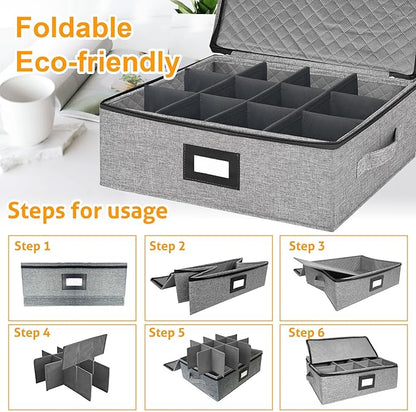 Coffee Mug Storage Box with Dividers, China Storage Containers Hard Shell ,Glassware Storage Containers with Zipper Lid and Handles, Stackable for 12 Mugs, Tea Cups, Moving & Packing (Light Grey)