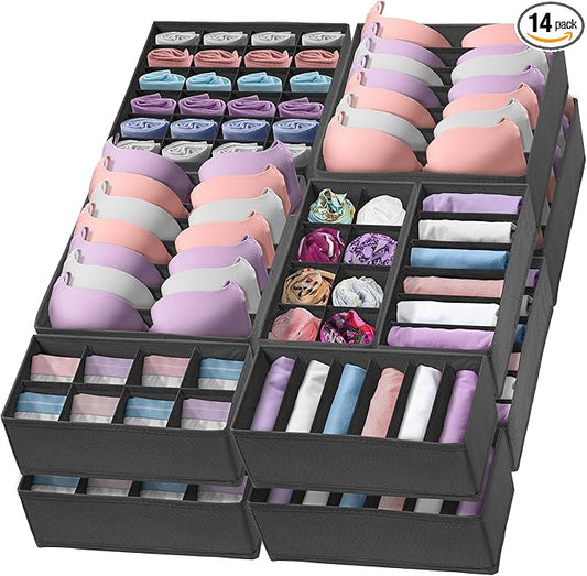 Reli. Sock Organizer (14 Pack) | 132 Cell Underwear Organizer | Drawer Dividers for Underwear, Sock, Tie, Bras, Clothing, Baby Clothes | Foldable Fabric Storage Bins for Drawer, Closet, Dresser (Gray)