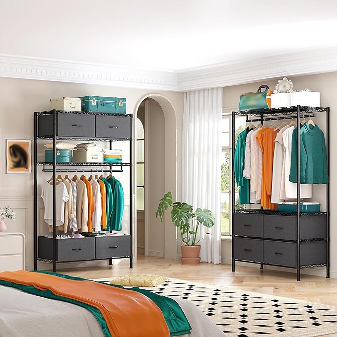 Raybee Clothes Rack with 4 Drawers and Shelves,Heavy Duty Clothing Rack for Hanging Clothes,Portable,Sturdy and Durable,Black