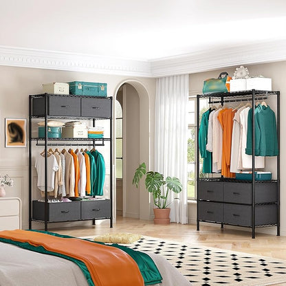 Raybee Clothes Rack with 4 Drawers and Shelves,Heavy Duty Clothing Rack for Hanging Clothes,Portable,Sturdy and Durable,Black