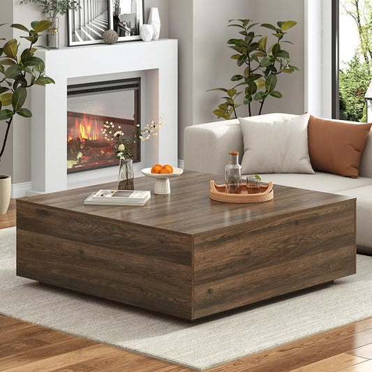 47” Square Coffee Table with Storage, 47" D x 47" W x 17" H Modern Large Square Center Table with 2 Drawers,Wood Coffee Table for Living Room,Bedroom（Walnut）