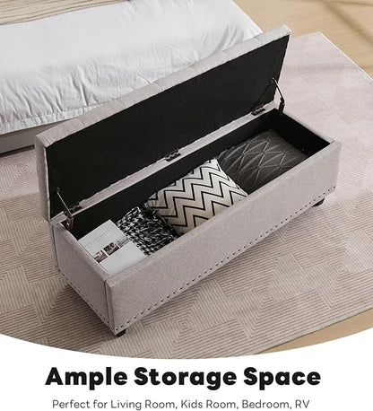 Tbfit 50.8“ Large Ottoman Storage Bench for Bedroom, Oversized Tufted Upholstered Entryway Benches End of Bed, Rectangle Dorm Foot Stool with Safety Hinge & Solid Wood Legs, Loads 660 lb, Light Gray