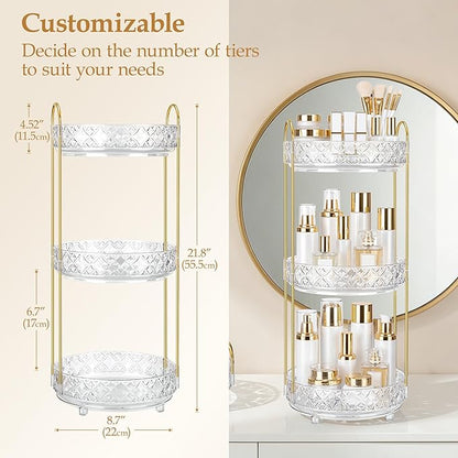 360 Rotating Makeup Organizer for Vanity, 3 Tier Adjustable Perfume Organizer for Dresser, Multi-Function Spinning Cosmetics Skincare Storage for Bedroom, Dresser, Countertop, Clear