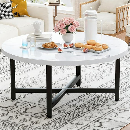 Coffee Table, 31.5" Large Coffee Tables, White Round Coffee Tables for Living Room, Floor Table for Sitting on The Floor, Center Coffee Table with Metal Frame for Office Apartment Home