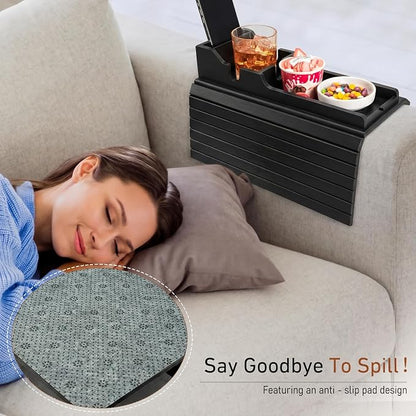 Yoshiky Black Bamboo Couch Armrest Table, Couch Arm Tray with Removable Couch Cup Holder, 2 in 1 Design Foldable Anti-Slip Bamboo Couch Tray and Sofa Cup Holder for Drink