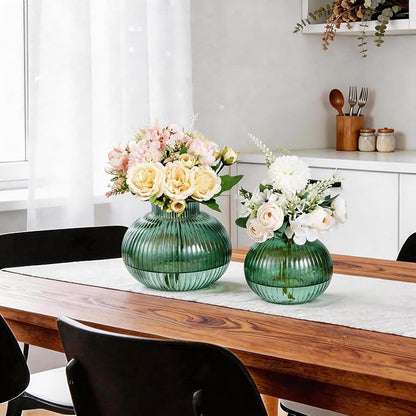 Green Glass Vases for Tulips, Set of 2, Flower Vases for Bouquet, Ribbed Glass Vase for Flowers, Short Vase for Living Room, Office, Coffee Table, Shelf, Wedding
