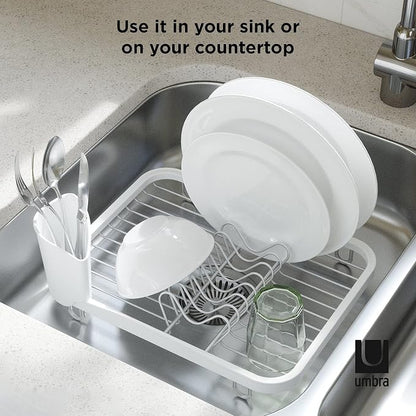 Umbra Sinkin Dish Drying Rack – Drainer Caddy with Removable Cutlery Holder – Use in Sink or On Counter, Standard, White/Nickel