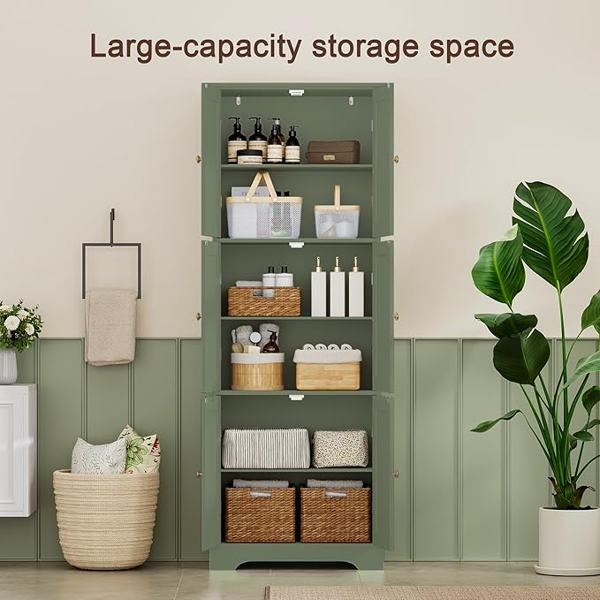 ChooChoo Tall Bathroom Storage Cabinet with 6 Doors, Freestanding Floor Cabinet with Adjustable Shelves, Green Pantry Cabinet for Bathroom, Kitchen, Laundry Room
