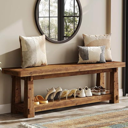 55" Solid Wood Entryway Bench with Shoe Storage, Rustic Hardwood Finishes Foyer Bench with Open Shelf for Hallway, Mudroom, Bedroom, Easy Assembly