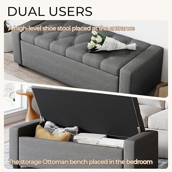 Storage Ottoman Bench with Tray,Large Entryway Ottoman with Storage, Rectangular Bench with Cushion and Safety Hinge for Living Room Bedroom