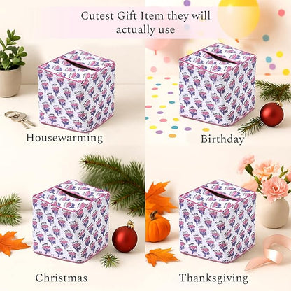CPC Pink Sapphire Hand Block Printed Cotton Tissue Box Cover 5" x 5" x 5.5" Square Soft Reusable Boho Napkin Holder for Home Kitchen Dining Bathroom Office Cafe Spa Summer Thanksgiving