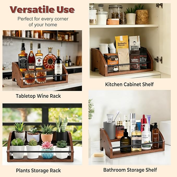 Rustic Wooden Countertop Organizer | Liquor Cabinet, Coffee Syrup Rack, Mini Bar, Home Retro Bar Shelf Stand, 2-Tier