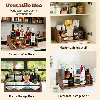 Rustic Wooden Countertop Organizer | Liquor Cabinet, Coffee Syrup Rack, Mini Bar, Home Retro Bar Shelf Stand, 2-Tier