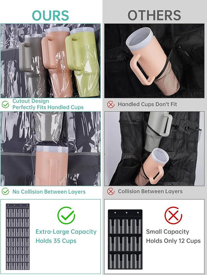 NiHome 35-Pocket Large Capacity Door Cup Organizer Fit for Stanley Tumblers 30/40oz, Door Hanging Water Bottle Storage, Double-Sided Tape Stabilizer, Waterproof Oxford Fabric, Transparent (Dark Gray)