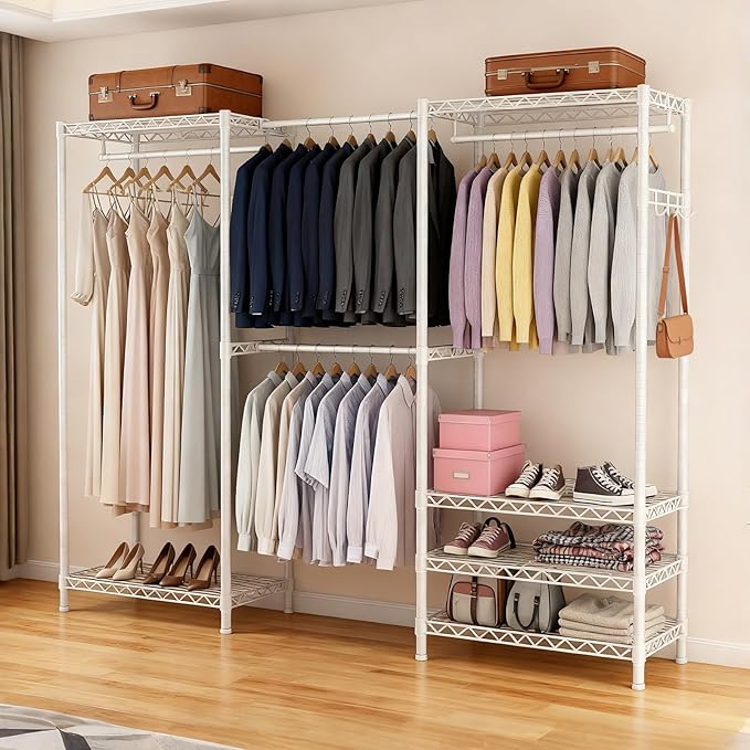 Heavy-Duty Clothes Rack, Expandable Closet Storage Unit with 6 Shelves and 4 Hanger Rods, Freestanding Bedroom Wardrobe Closet, White