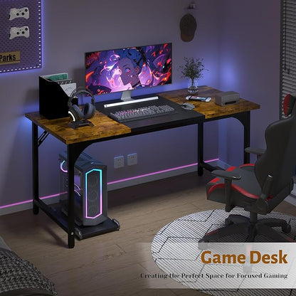 AZN Computer Desk, 55in Computer Desk, Gaming Office Desk w/Carbon Fiber Tabletop, Gaming Office Desk w/Sturdy Metal Frame, Home Office Desks w/Large Legroom for Game Work Study Writing,RusticBrown