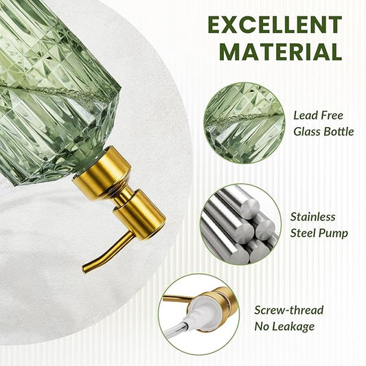 AmazerBath Soap Dispenser, 2 Pack Green Glass Soap Dispenser with Pump Stainless Steel, 14.2OZ Luxury Gold Hand Soap Bottles Bathroom Kitchen