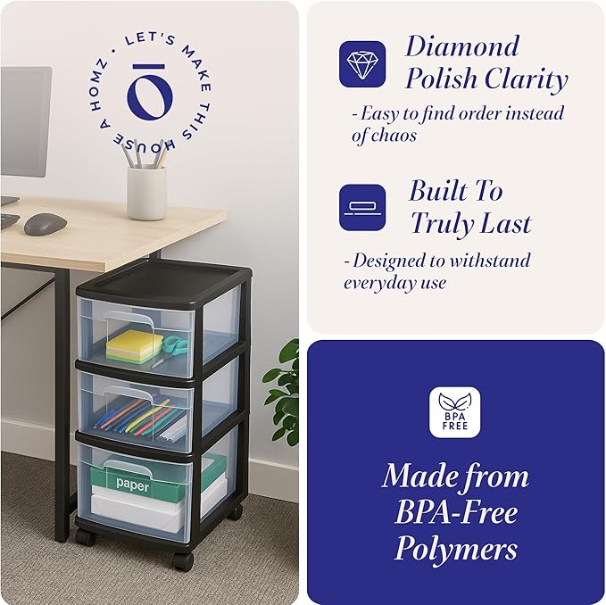 HOMZ 3-Drawer Storage Cart, Plastic Home and Office Organizer, Black Frame