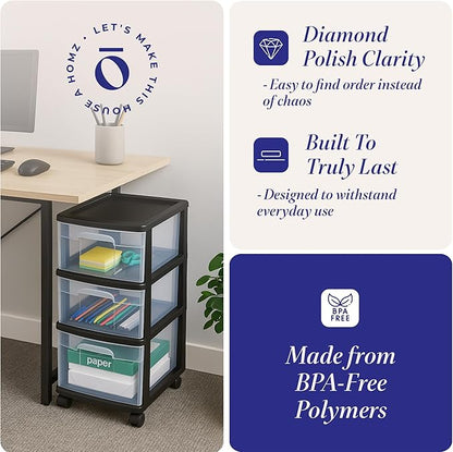 HOMZ 3-Drawer Storage Cart, Plastic Home and Office Organizer, Black Frame