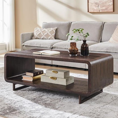 IFGET 48" Modern Coffee Table, 2-Tier Minimalist Center Table with Storage Shelf, Curved Profile Design, Wooden Rectangular Living Room Table w/Wood Thick Design for Living Room, Office, Brown