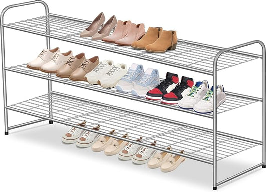 AOODA 3-Tier Long Shoe Rack for Closet Metal Wide Shoe Storage Organizer for Entryway, Bedroom, Floor, Holds 24 Pairs Men Sneakers Stackable Boot Shelf with Wire Grid, Grey