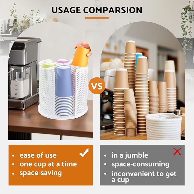 Rotating Paper Cup Dispenser with 4 Compartments, Disposable Coffee Cup Storage & Lid Holder for Countertops, Kitchen, Coffee Stations (White)