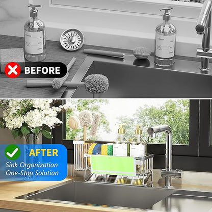 Cisily Kitchen Sink Caddy Organzier with High Brush Holder, Sponge Holder for Sink, 304 Rustproof Stainless, Kitchen Countertop Soap Dispenser Organizer (Silver With Towel Rack, 9.25″)