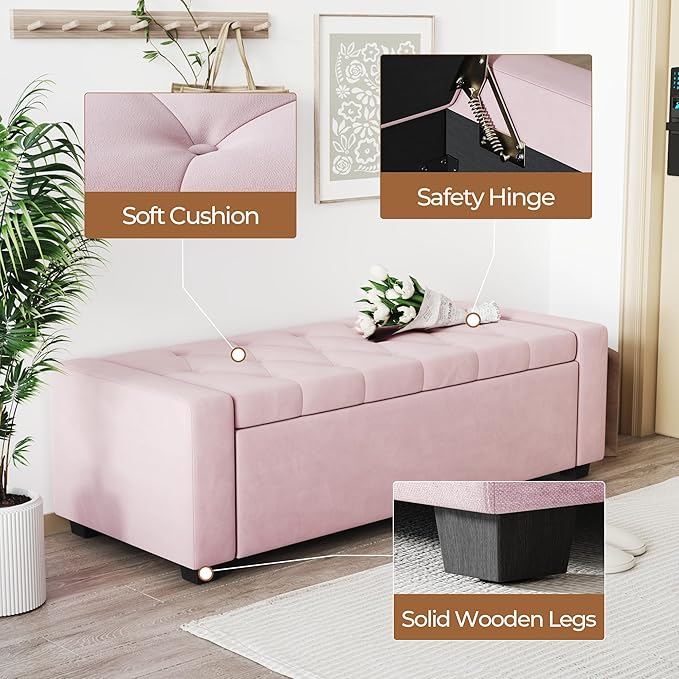 Storage Ottoman Bench,Large Entryway Ottoman with Storage, Rectangular Bench with Cushion and Safety Hinge for Living Room Bedroom
