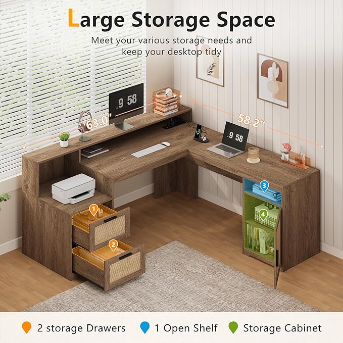 63" Farmhouse L Shaped Executive Desk with Drawers & Storage Shelf, Corner Rattan Computer Desk with Power Outlets, L Shaped Office Desk with Monitor Stand, Printer Shelf