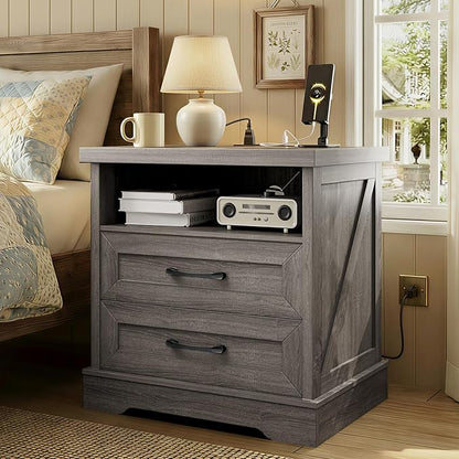 AODK Farmhouse Nightstand with Charging Station, 24 Inch Large Bedside Table with 2 Drawers, Rustic Wood End Table with Outlet and USB for Bedroom, Oak Grey