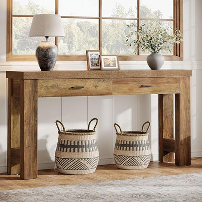 Tribesigns 63" Console Table, Farmhouse Entryway Table with 2 Drawers and H-Shaped Sturdy Legs for Hallway, Living Room, MDF, Light Brown