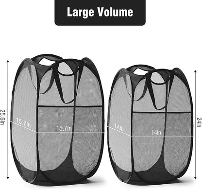 TECHMILLY Upgraded 105L Collapsible Mesh Pop Up Laundry Hamper with Sturdy Handles and Side Pocket - Portable Foldable Clothes Baskets for Dorm, Bathroom & Travel Storage (Black Plus，2 Packs)