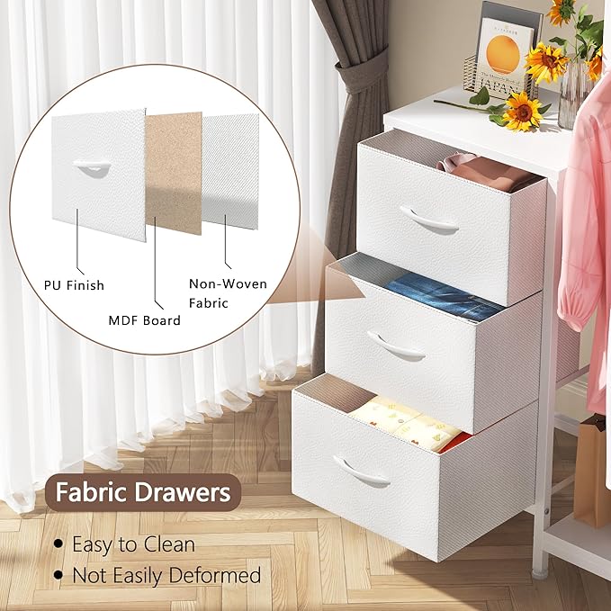 Dresser for Bedroom with Hanging Rack, 3 Drawers Dresser for Bedroom - White