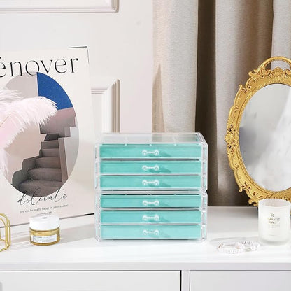 Lolalet Earring Holder Organizer Box Jewelry Storage with 6 Drawers, Clear Acrylic Stackable Earring Case with Adjustable Velvet Trays for Women on Dresser Vanity -Aqua, 6 Layers